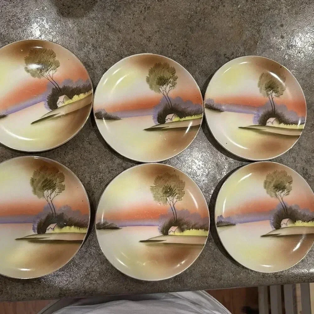 Vintage Hand Painted Made In Japan Plate Set Outdoor House Tree 6”